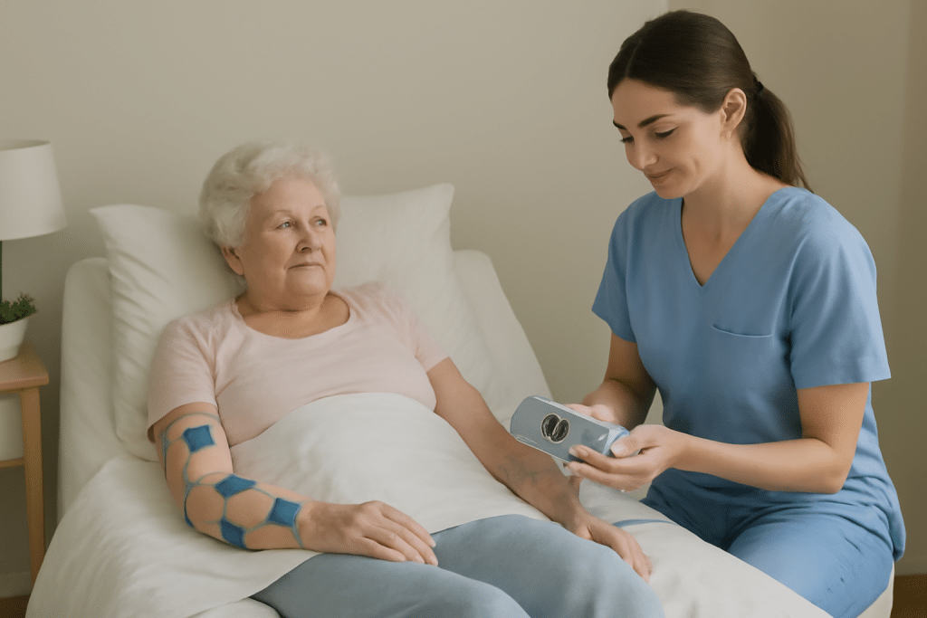 anciana encamada recibiendo estimulación eléctrica muscular con la ayuda de una fisioterapeuta