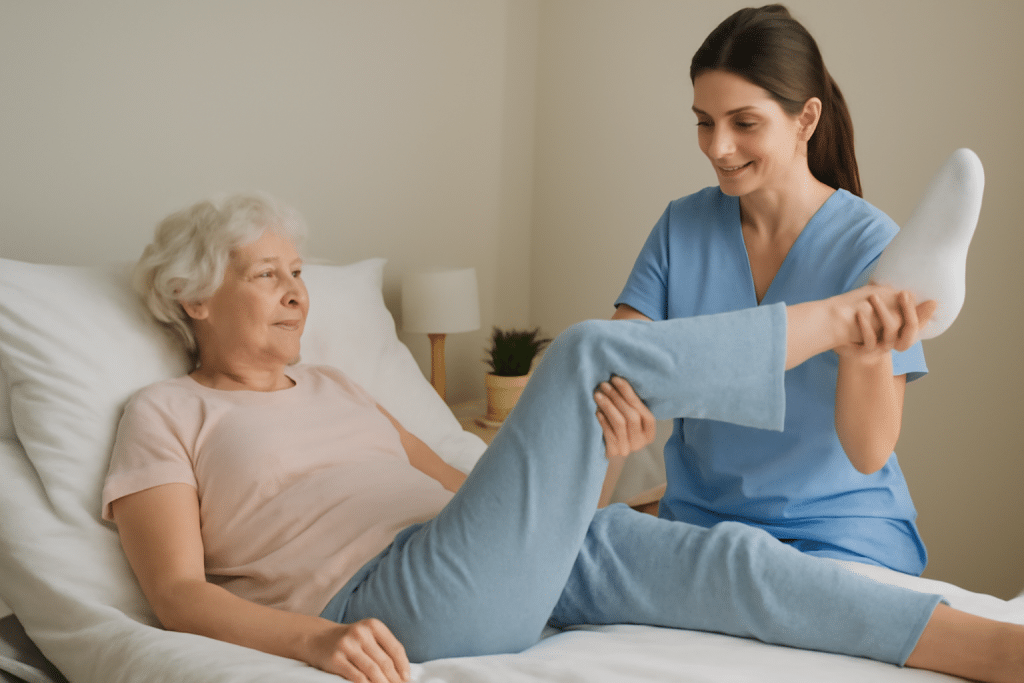 anciana encamada haciendo ejercicios de movilización pasiva con la ayuda de una fisioterapeuta