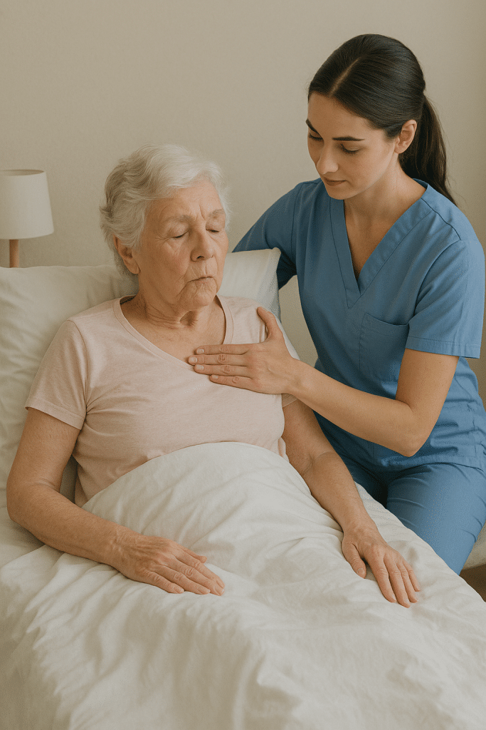 anciana encamada haciendo rehabilitación de la postura y ejercicios de alineación con la ayuda de una fisioterapeuta
