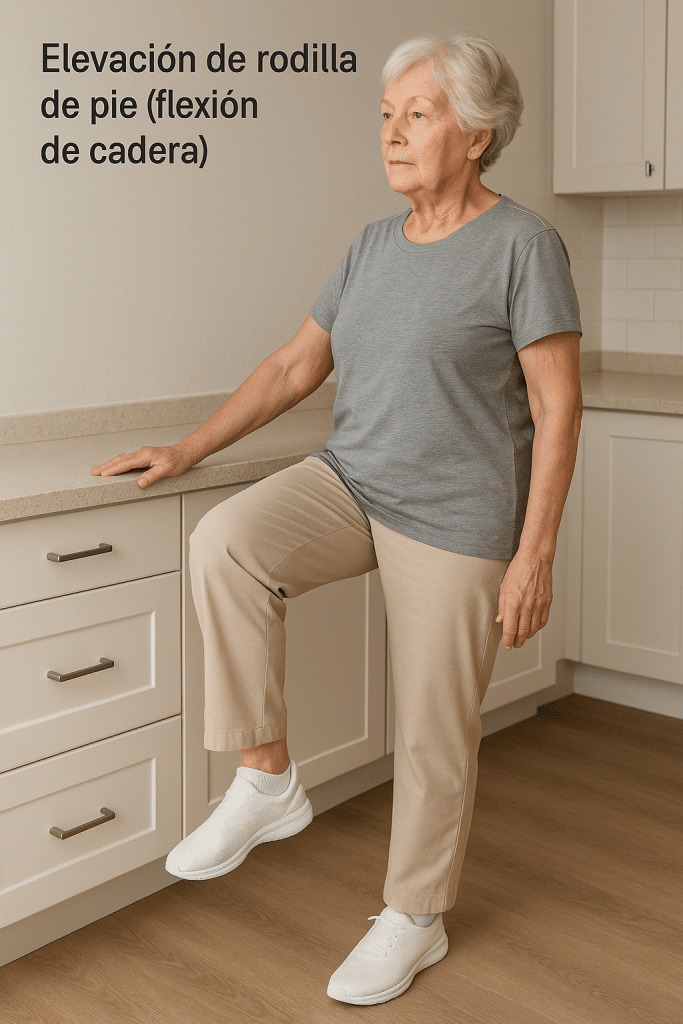 anciana haciendo ejercicios de elevación de rodilla de pie (flexión de cadera) para fortalecer prótesis de cadera
