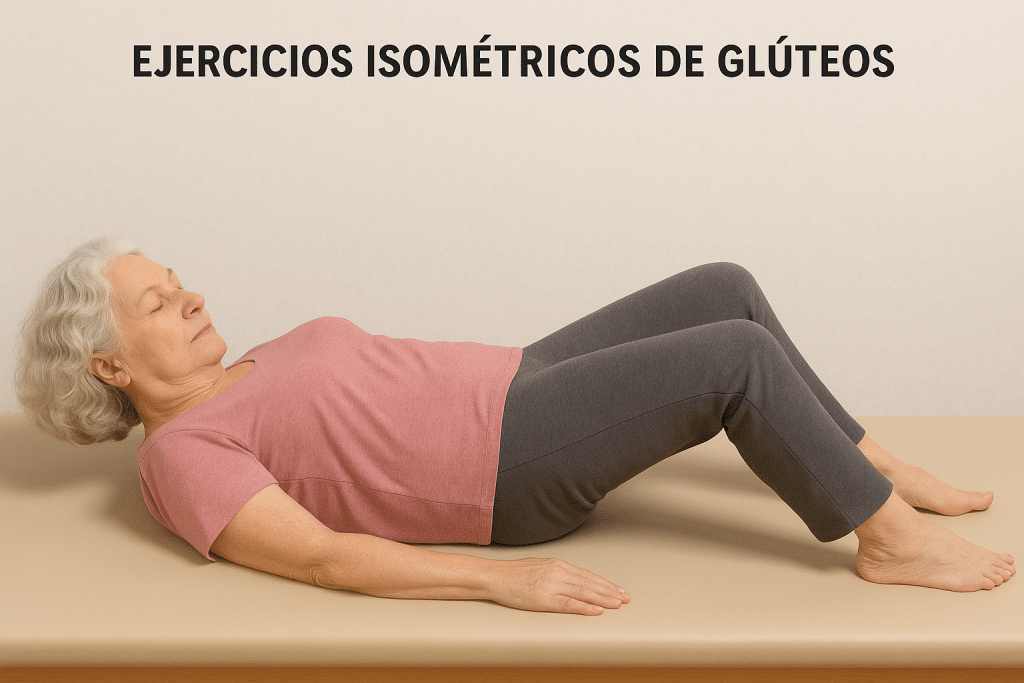 anciana realizando ejercicios ismétricos de glúteos para fortalecer prótesis de cadera