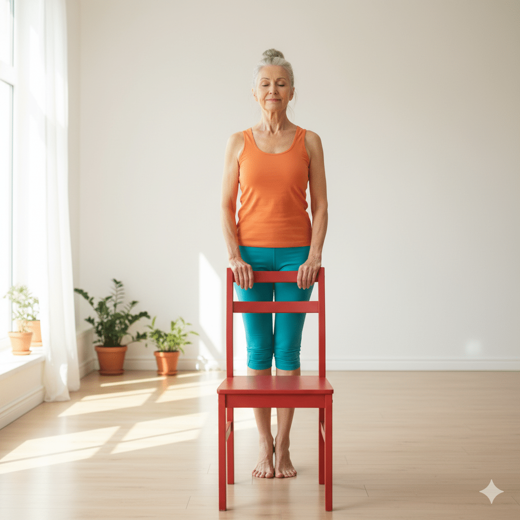Mujer mayor realizando elevación de talones apoyada en una silla, uno de los ejercicios para fortalecer las rodillas en personas mayores y mejorar el equilibrio.