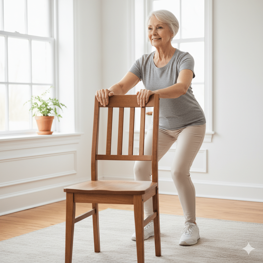 Sentadillas parciales asistidas con apoyo en silla, ejercicio seguro para fortalecer las rodillas en personas mayores en casa.
