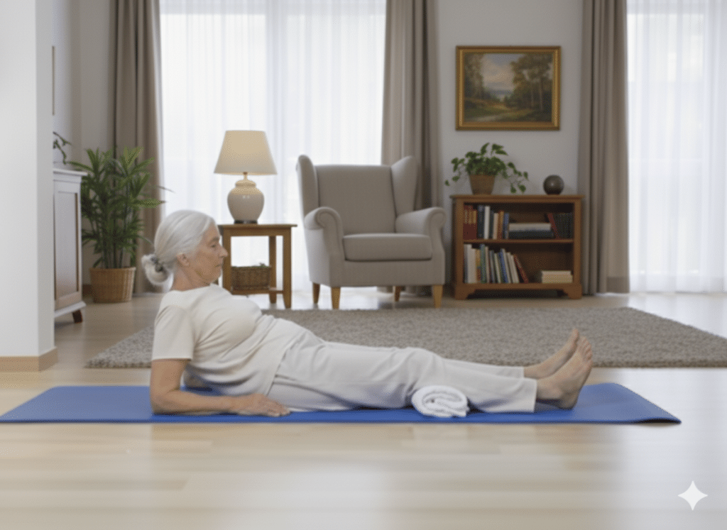 Ejercicio isométrico de cuádriceps con toalla para fortalecer las rodillas en personas mayores y reducir el dolor articular.