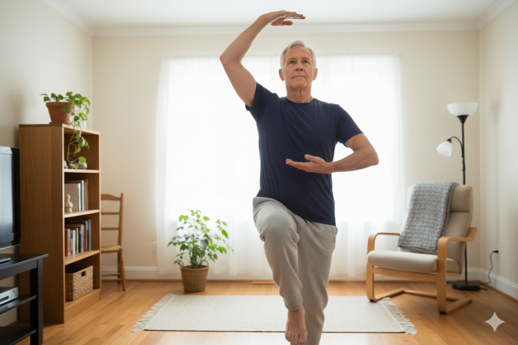 Anciano realizando ejercicio de equilibrio y agilidad para Parkinson