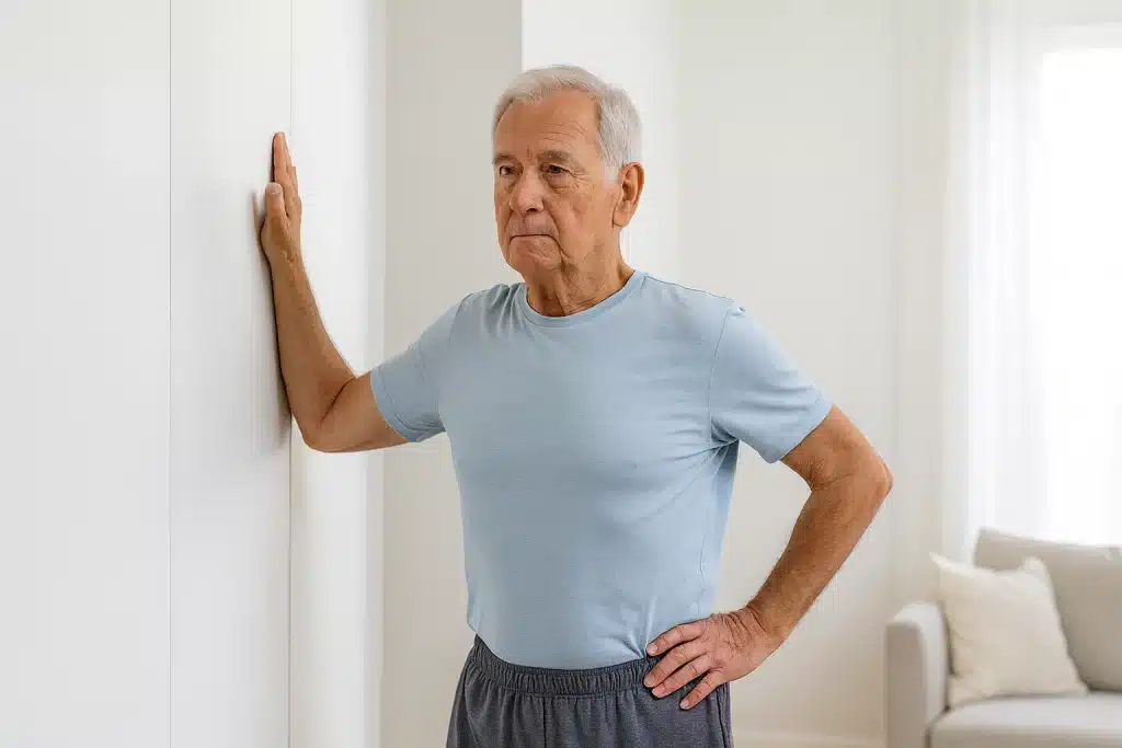Adulto mayor realizando estiramiento de pectorales en la pared para corregir la cifosis.