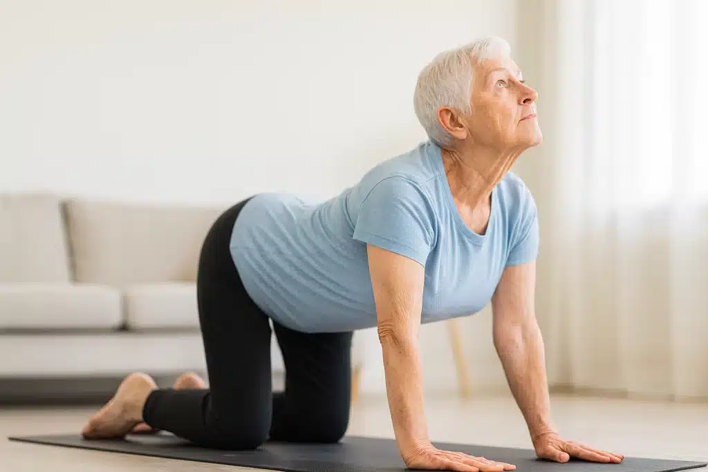 Mujer mayor practicando el ejercicio del gato y la vaca para mejorar la flexibilidad de la columna.