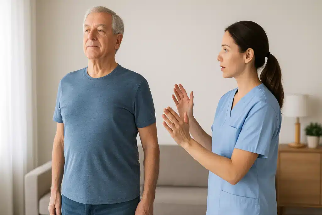 Fisioterapeuta enseñando a un adulto mayor el ejercicio del soldado erguido para mejorar la postura y corregir la cifosis.