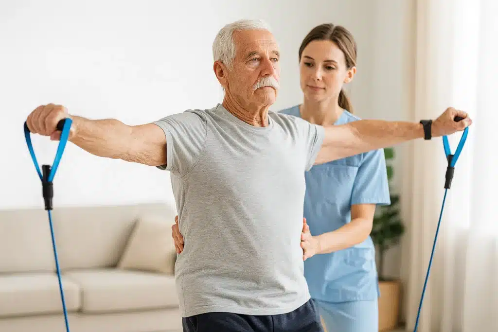Paciente mayor realizando elevaciones de brazos con banda elástica bajo la guía de una fisioterapeuta en casa para fortalecer la espalda.