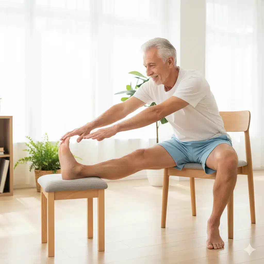 Estiramiento de isquiotibiales para mejorar la flexibilidad y reduce la tracción sobre el nervio ciático.