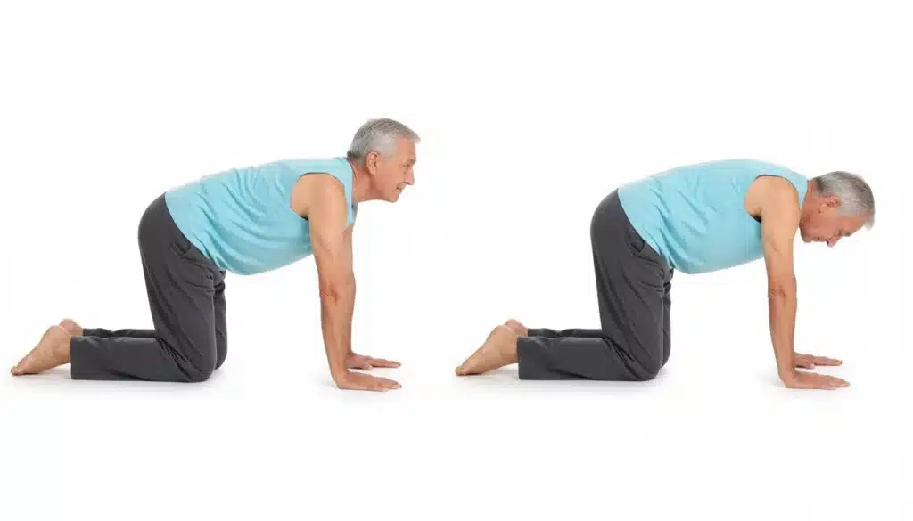 Ejercicio del gato-vaca para aumentar la movilidad de la columna y aliviar la rigidez lumbar.