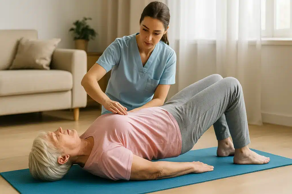 Mujer mayor realizando puente de glúteos con supervisión de fisioterapeuta para fortalecer la zona lumbar y mejorar la postura.