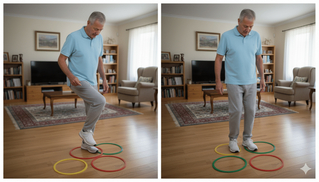 hombre de 70 años con Parkinson haciendo ejercicios de reeducación de la marcha