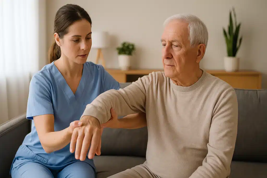 Fisioterapeuta realizando movilización pasiva del brazo izquierdo a un paciente mayor en su domicilio tras un ictus.
