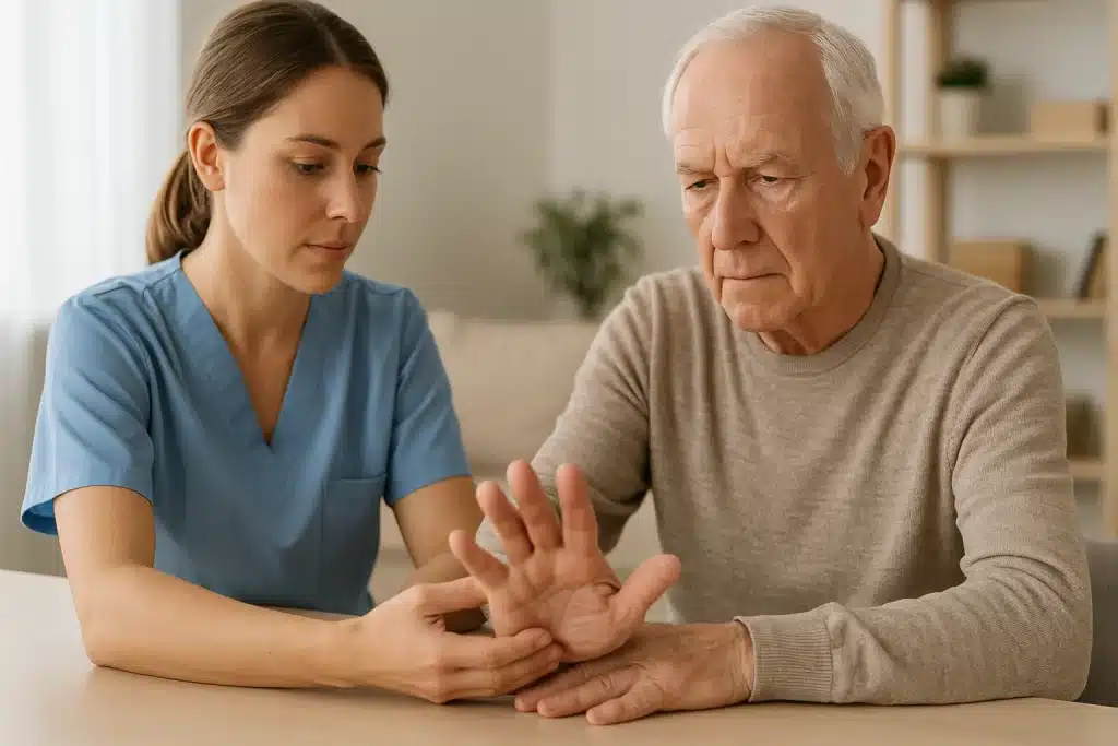 Fisioterapeuta asistiendo a paciente mayor en ejercicio de apertura y cierre de mano izquierda sobre una mesa.
