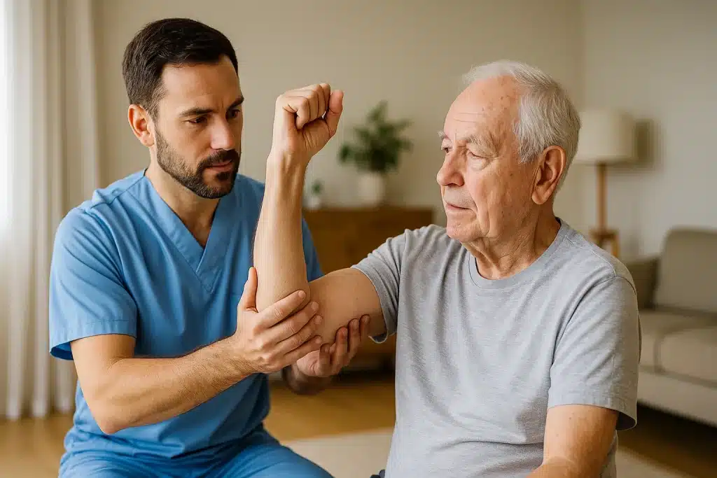Fisioterapeuta ayudando a un paciente mayor a realizar flexión y extensión de codo sentado en casa.