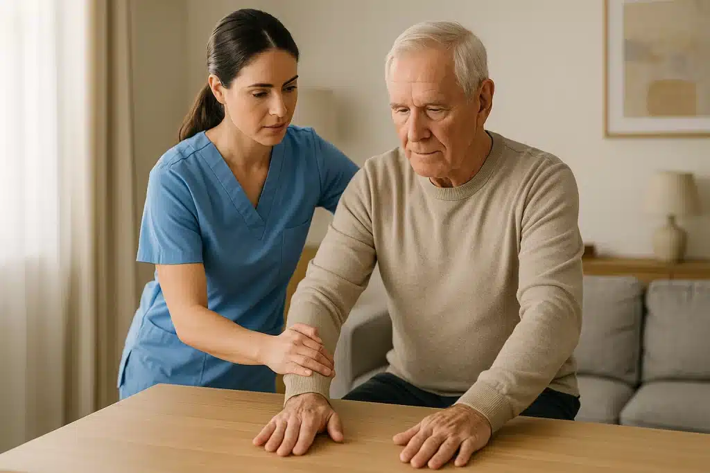 Fisioterapeuta ayudando a una persona mayor a realizar elevación de hombros asistida en domicilio.