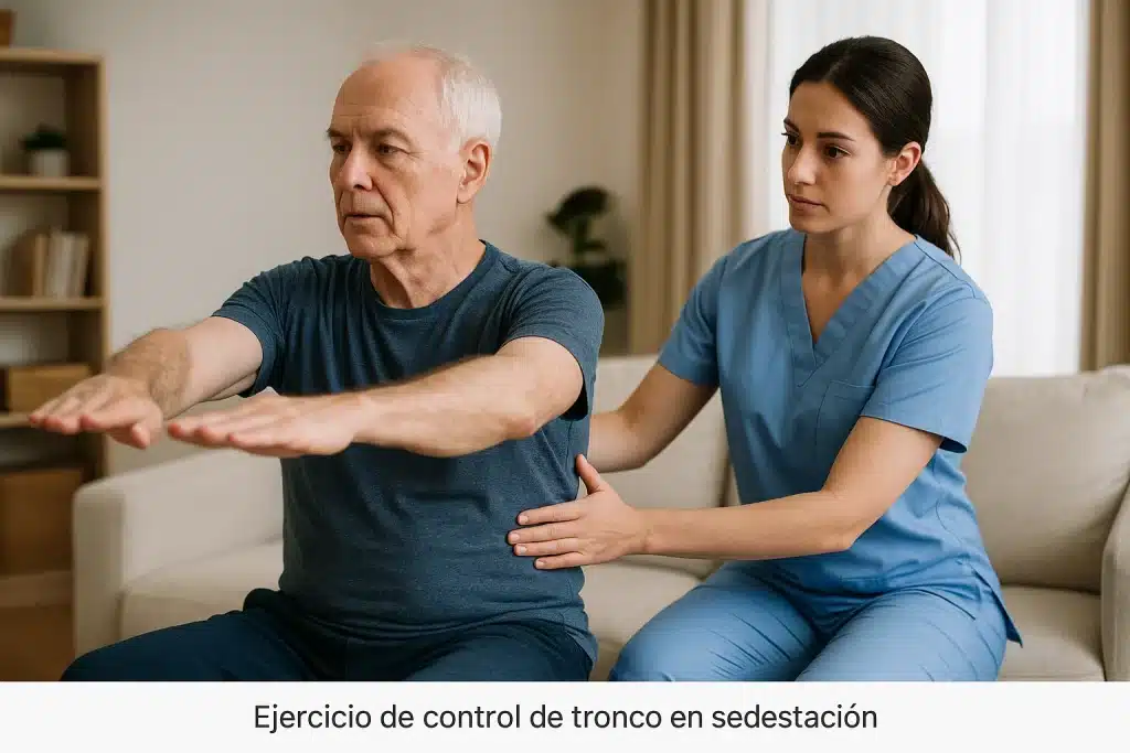 Paciente mayor realizando ejercicio de control de tronco con fisioterapeuta en casa.
