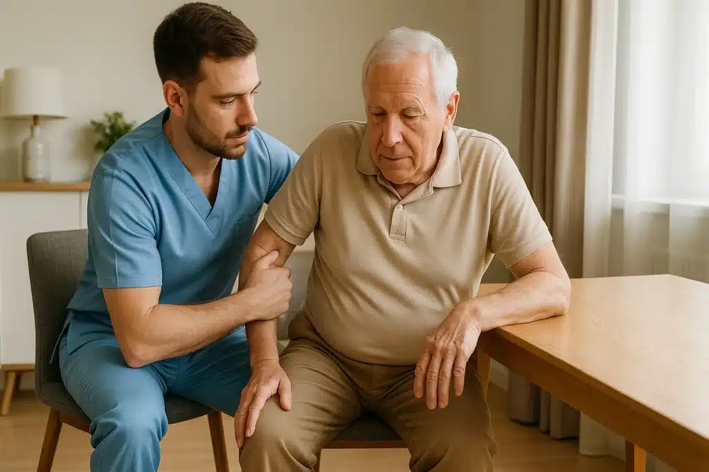 Fisioterapeuta ayudando a paciente mayor a realizar transferencia de peso sentado durante rehabilitación post-ictus.