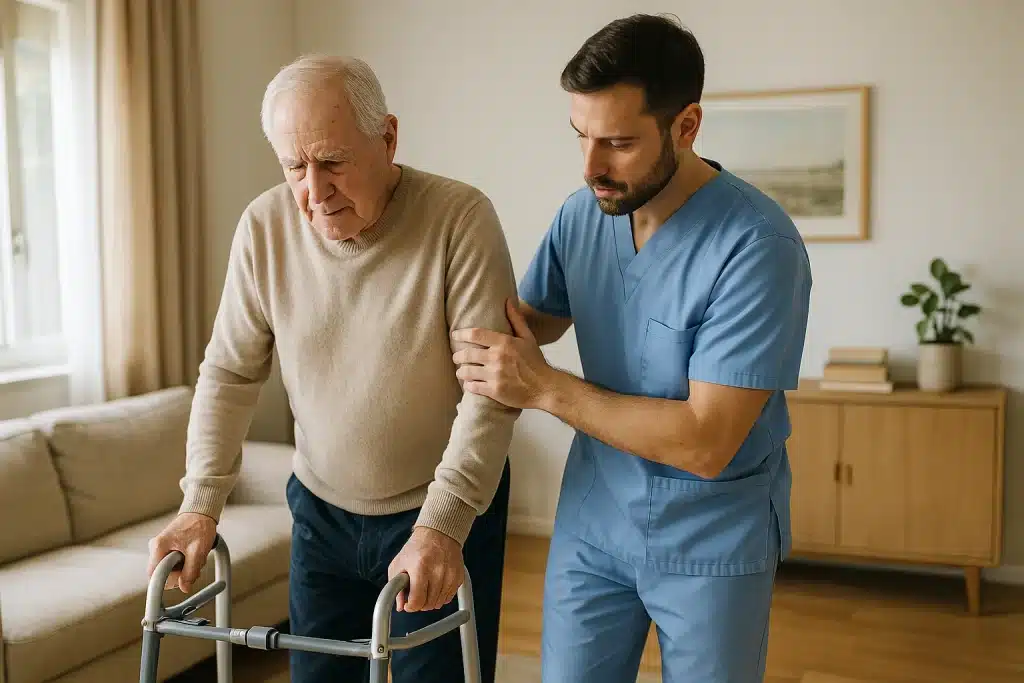 Fisioterapeuta guiando a un paciente mayor en entrenamiento de la marcha a domicilio tras un ictus.