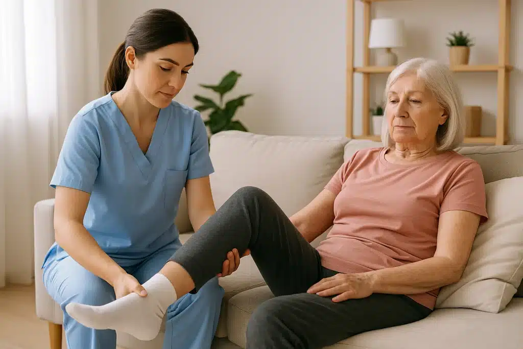 Fisioterapeuta movilizando tobillo y rodilla de paciente mayor en casa durante rehabilitación.