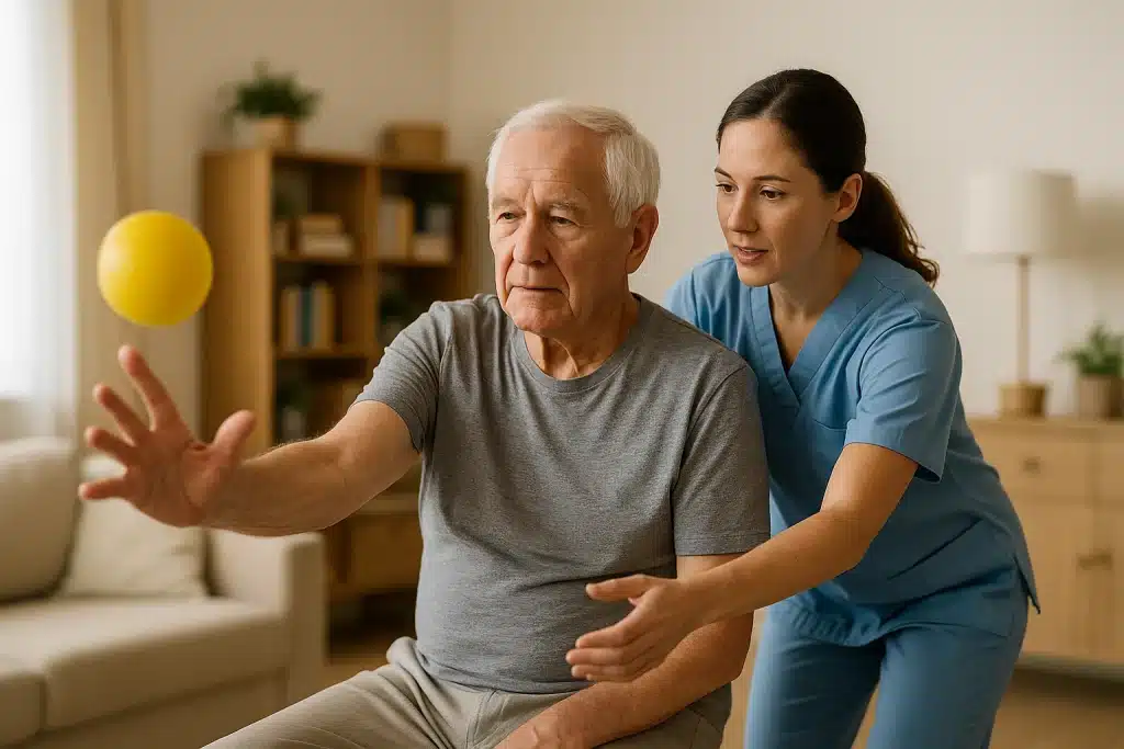 Paciente mayor practicando coordinación ojo-mano con fisioterapeuta en su domicilio.