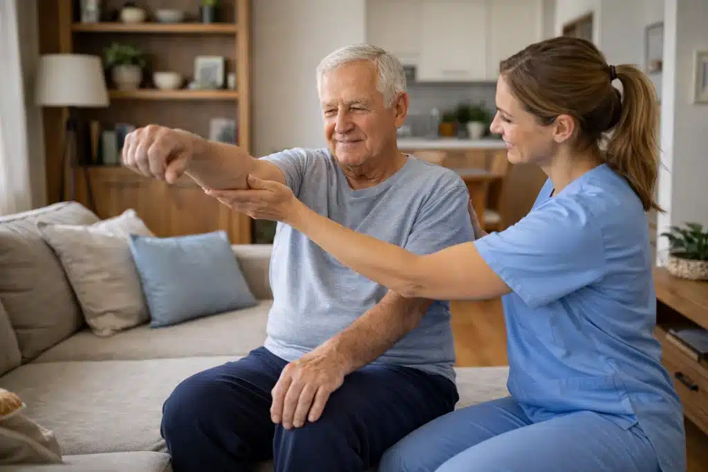 Sesión de fisioterapia a domicilio con adulto mayor