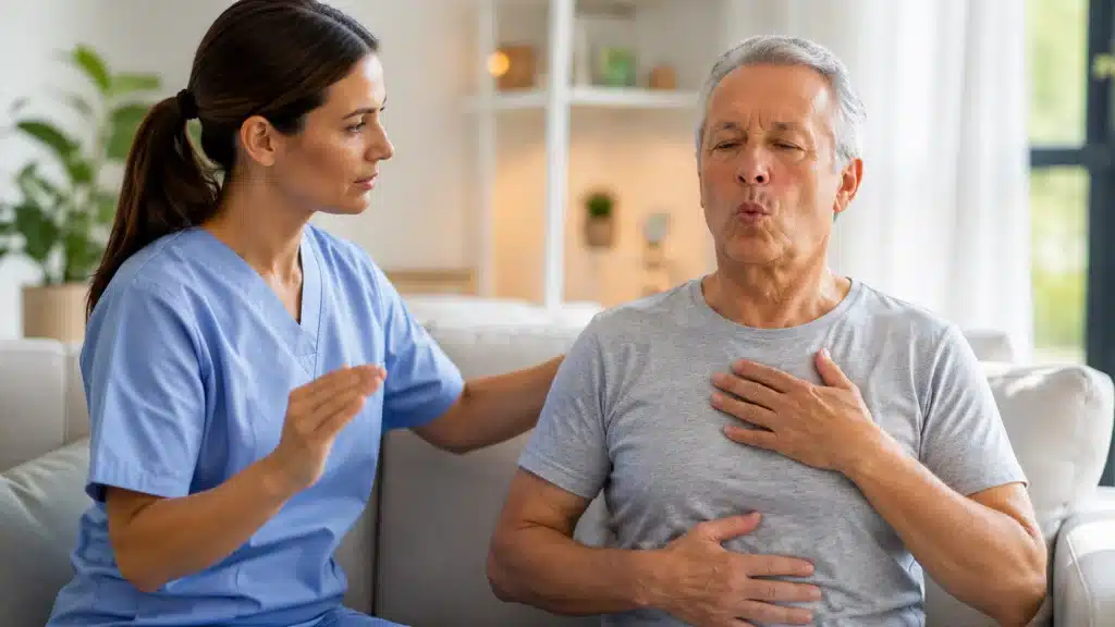 Paciente realizando ejercicios de fisioterapia respiratoria en casa para mejorar la respiración y la capacidad pulmonar