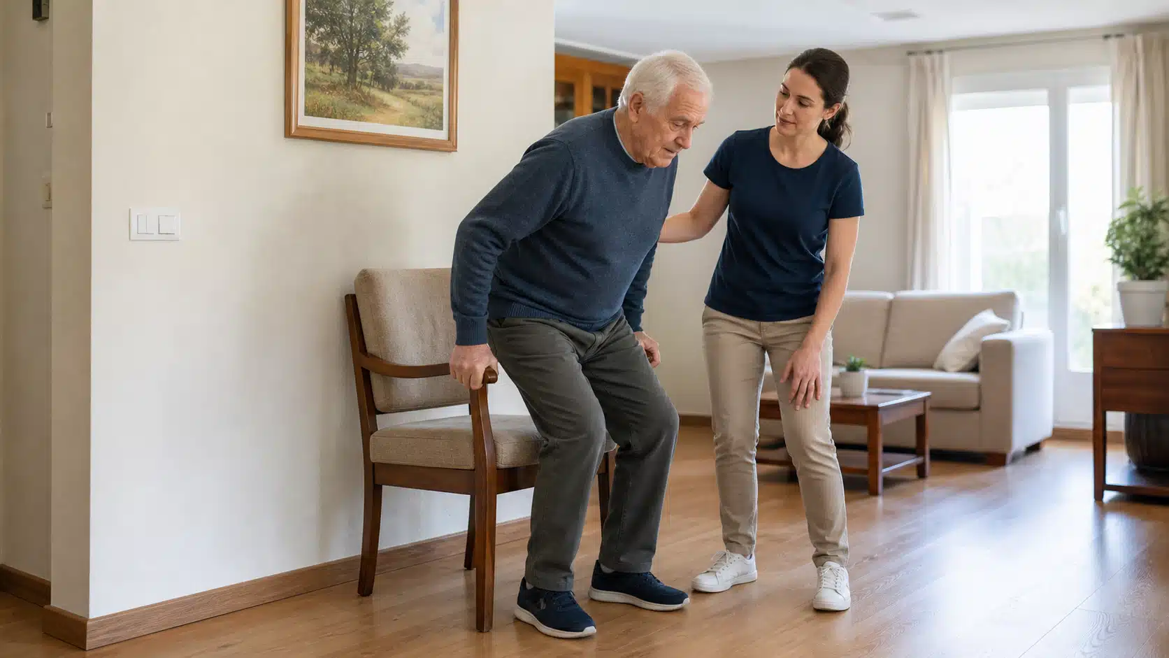 Hombre mayor levantándose de una silla estable bajo la supervisión de una fisioterapeuta